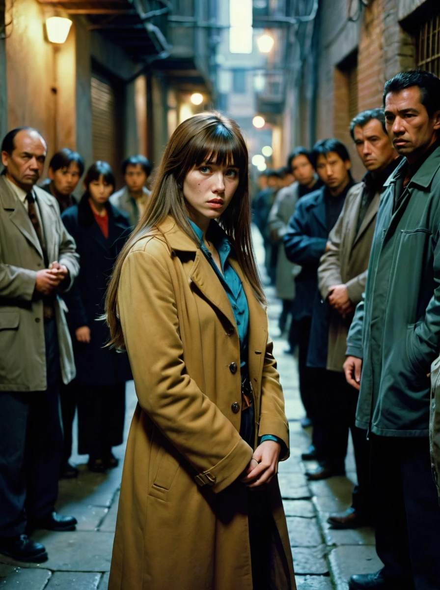 a sad woman,Long hair with bangs,gradient hair,A woman with a defiant expression stares down a group of menacing figures in a dimly lit alley, her hand reaching for the concealed weapon hidden beneath her coat.,Landscape,extremely beautiful masterpiece contest winner Ultra Detailed Highres,Fujicolor Fujichrome Velvia 100,flat lighting