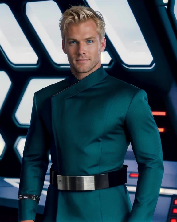 <lora:tealfirstorderuniform_lora:0.8> portrait of a man, male, blond, norwegian, (handsome:1.3), broad shoulders, short blond military haircut, tealfouniform, long sleeves, male fit, teal wrap tunic with collar, long sleeves, leather belt with plain silver buckle, jodhpur breeches, front view, medium shot, dark sci-fi starship interior background, star wars