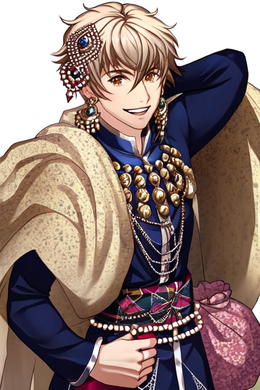 (masterpiece),(best_quality),1boy,Kangiten,sherwani,shawl,long sleeves,jewelry,hair ornament,belt,looking at the viewer,pouch bag,happy,<lora:Kangiten:1>,