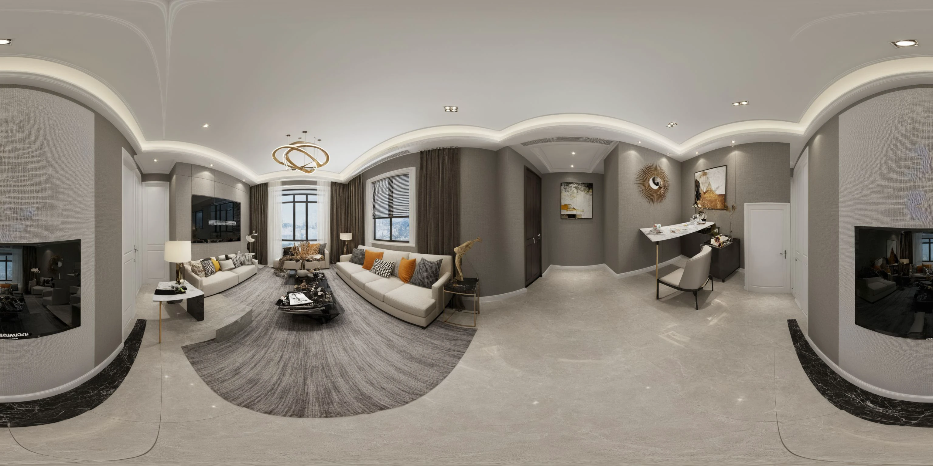 <lora:JJsPanoramicLivingroom_XL:1>, ((Panoramic)), ((livingroom)), ((masterpiece)), ((best quality)), realistic, high detailed, (indoors) , no human, window, curtain, table, rug, sofa, television, ceiling light, (Modern),