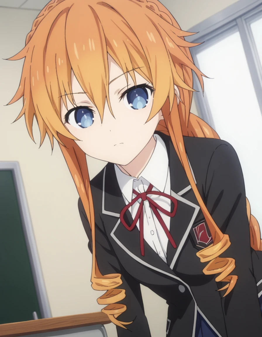 score_9, score_8_up, score_7_up, source_anime,
kaguyayuzuruyamai, <lora:kaguya-yuzuru-yamai-s4s5-ponyxl-lora-nochekaiser:1>,
kaguya yuzuru yamai, blue eyes, hair between eyes, sidelocks, orange hair, drill hair, long hair, braid, braided ponytail,
shirt, long sleeves, ribbon, school uniform, jacket, white shirt, collared shirt, red ribbon, black jacket, neck ribbon, blazer, skirt, blue skirt, pleated skirt,
indoors, classroom, bent over, expressionless,
looking at viewer, solo, cowboy shot, dutch angle,