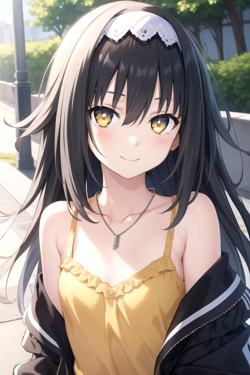((masterpiece)),(best quality),official art,extremely delicate and beautiful,extremely detailed CG,unity 8k wallpaper,ultra detailed,beautiful detailed eyes,extremely detailed face,outdoors,1girl,solo,upper body,(portrait:1.5),looking at viewer,facing viewer,smile,(petite:1.2),Arusu Marina,very long hair,black hair,gradient hair,multicolored hair,hair ribbon,hair bow,white hairband,sidelocks,hair between eyes,bangs,yellow eyes,collarbone,jewelry,necklace,black jacket,yellow camisole,frills,medium breasts,short shorts,denim shorts,shorts rolled up,black socks,sneakers,<lora:Arusu Marina(dal):0.8>,