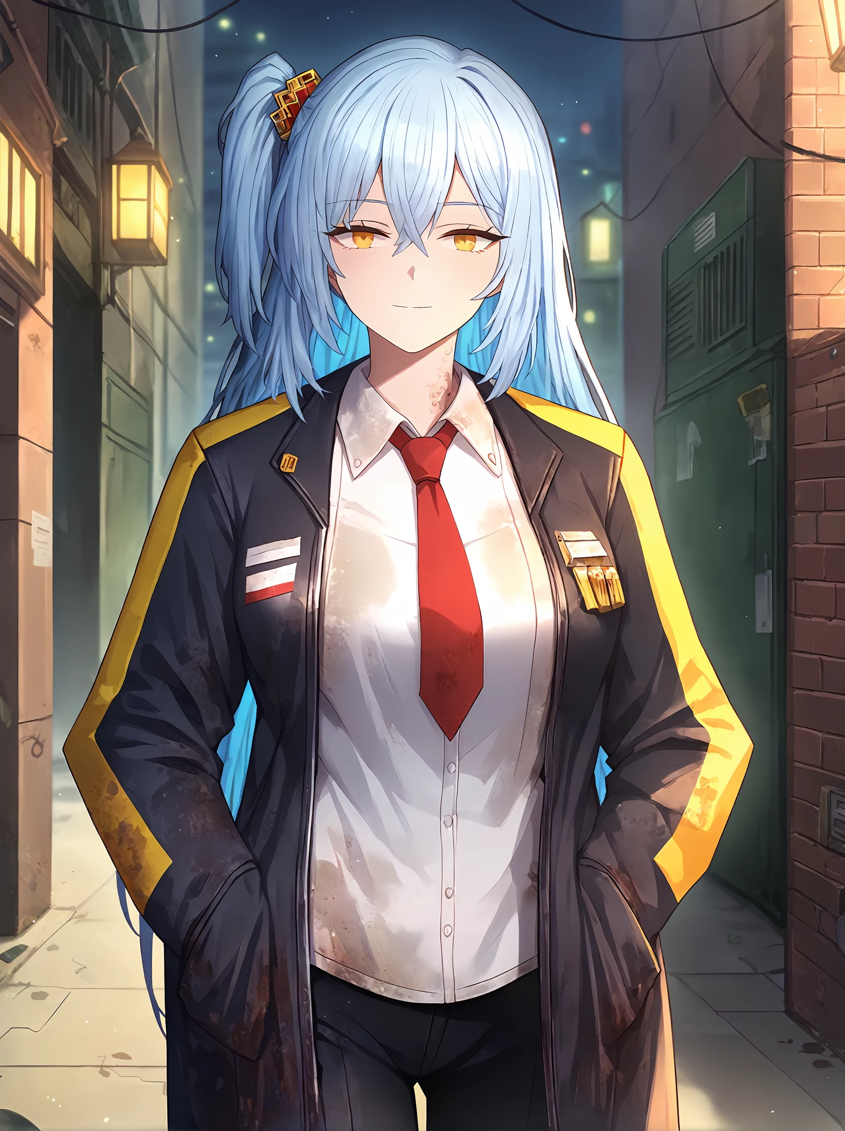 score_9,
<lora:limbus_company_v1_pruned:1>, 
1girl, epic, long hair, light blue hair, large breasts, amber eyes, straight hair, one side up, 
outdoors, city, alley, light smile, night, dark, 
black jacket, open jacket, white shirt, red necktie, black pants, dirty clothes, 
cowboy shot, looking at viewer,
high resolution, Masterpiece, detailed