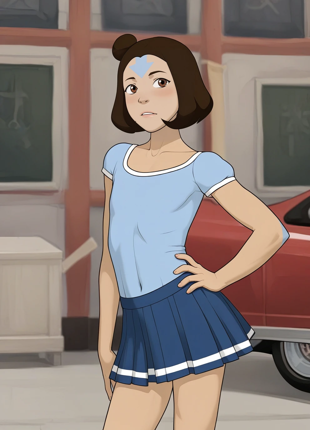 score_9, score_8_up, score_7_up,1girl,jinoraXL,brown hair,brown eyes,short hair,hair bun,detailed face,masterpiece,best quality, flat chest, <lora:jinoraXL:1> wearing a skirt