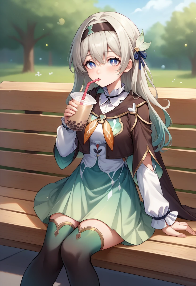 score_9, score_8_up, source_anime, Firefly, blue pupils, long hair, black hairband, hair ornament, brown capelet, frilled collar, white shirt, long white sleeves, green skirt, gradient thighhighs, outdoors, sitting, on bench, drinking, sipping, straw, bubble tea, <lora:ChamFireflyPonyXL:1>