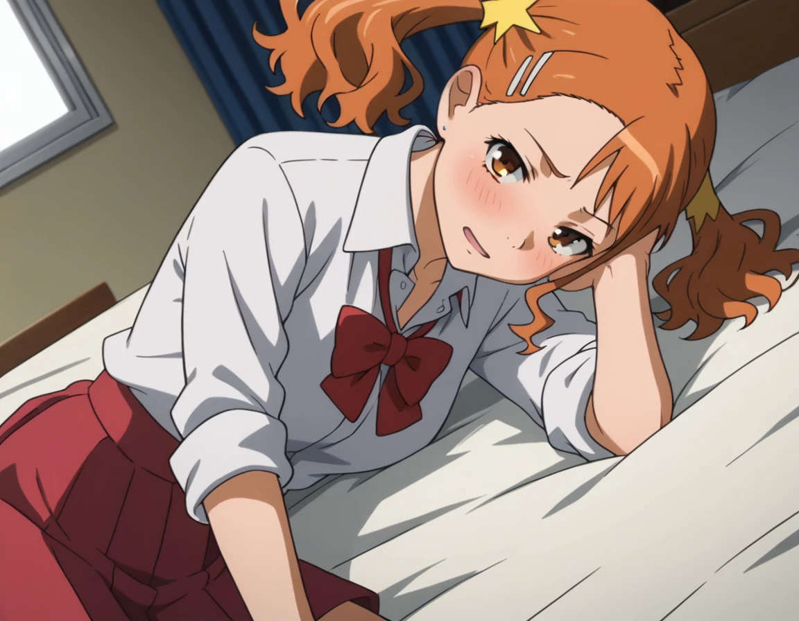 score_9, score_8_up, score_7_up, source_anime,
narukoanjou, <lora:naruko-anjou-s1-ponyxl-lora-nochekaiser:1>,
naruko anjou, orange hair, twintails, brown eyes, hair ornament, star ornament, hair clip,
skirt, bow, school uniform, sleeves rolled up, red bowtie, shirt, white shirt, collared shirt, red skirt,
indoors, bed, bed room, on side, blush, drunk,
looking at viewer, solo, cowboy shot, dutch angle,