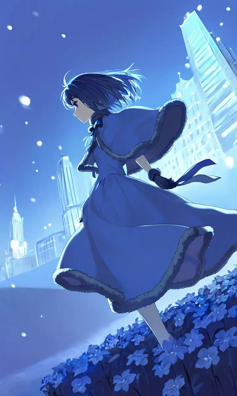 <lora:SDXL_AWD_character_kuonji_alice:1>,kuonji_alice, 1girl, solo, dress, capelet, fur_trim, wind, gloves, blue_theme, snow, profile, night, fur-trimmed_capelet, standing, flower, perspective,lighting and shadow,beautiful color,detailed,amazing quality,cityscape