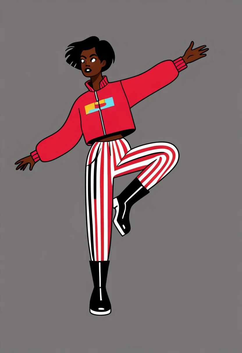 mpzthzz, dark skin, solo, very dark skin, 1girl, dark-skinned female, boots, simple background, grey background, laptop, computer, striped, full body, short hair, striped pants, dark-skinned male, black hair, outstretched arms, memphis corporate design, flat art, flat coloring, simple, vector art, corporate art, cel shading, cel shaded, PonyXLV6_Scores