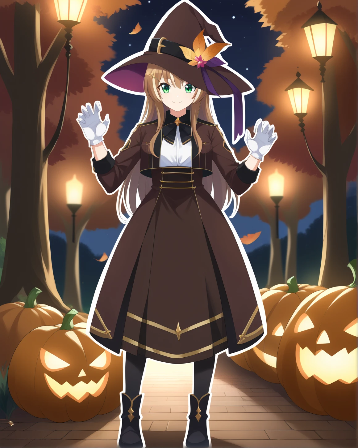 score_9, score_8_up, score_7_up, score_6_up, score_5_up, score_4_up, source_anime, (best quality, ultra detailed, absurdres, masterpiece:1.2), (ai-generated:0.6), color, (white outline:1.3), forest, pumpkin,  outdoors, night, claw pose,     <lora:ayundarisuPonyXL:1>
BREAK
ayundarisu, 1girl, solo, long hair, skirt, brown hair, shirt, hair ornament, gloves, hat, ribbon, animal ears, green eyes, jacket, tail, white shirt, multicolored hair, white gloves, streaked hair, hand on hip, witch hat, cropped jacket, brown skirt, brown jacket, brown headwear, squirrel ears, squirrel tail, squirrel girl, full body,