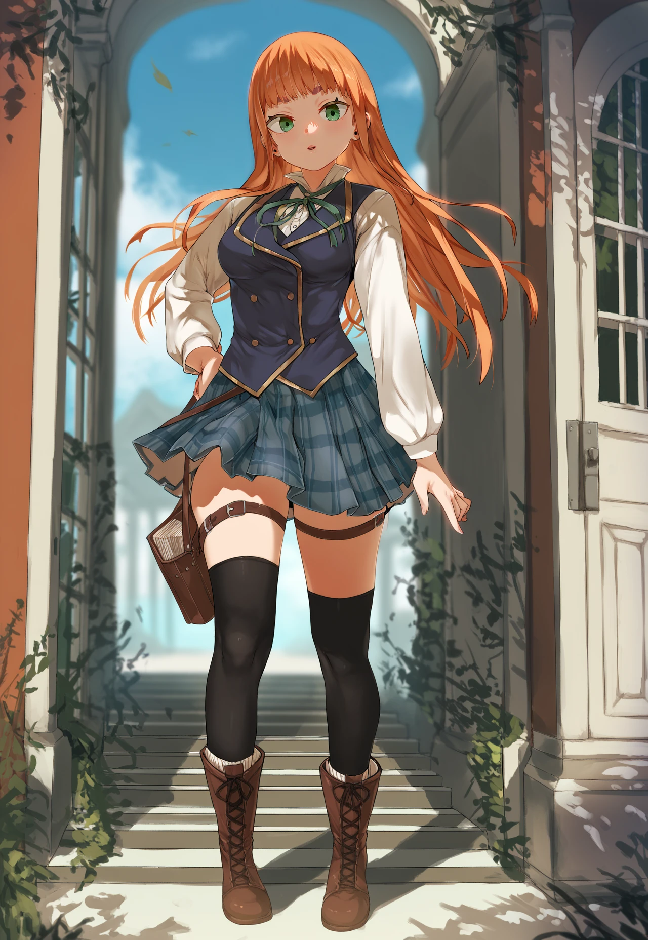 asanagi, (score_9, score_8_up, score_7_up, :1.2)  detailed, highres, absurdres, a girl standing outdoors,  1girl,  outdoors,  solo, standing, looking at viewer, pose,  hands,  full body, 
orange hair, green eyes, thigh strap, long hair, fine fabric emphasis, medium breasts, school uniform, buttons, skirt, thighhighs, plaid, vest, shirt,  boots, 
rating_safe   <lora:sdxl_asanagi_v1:0.5>      <lora:AnnePonyTest:1>