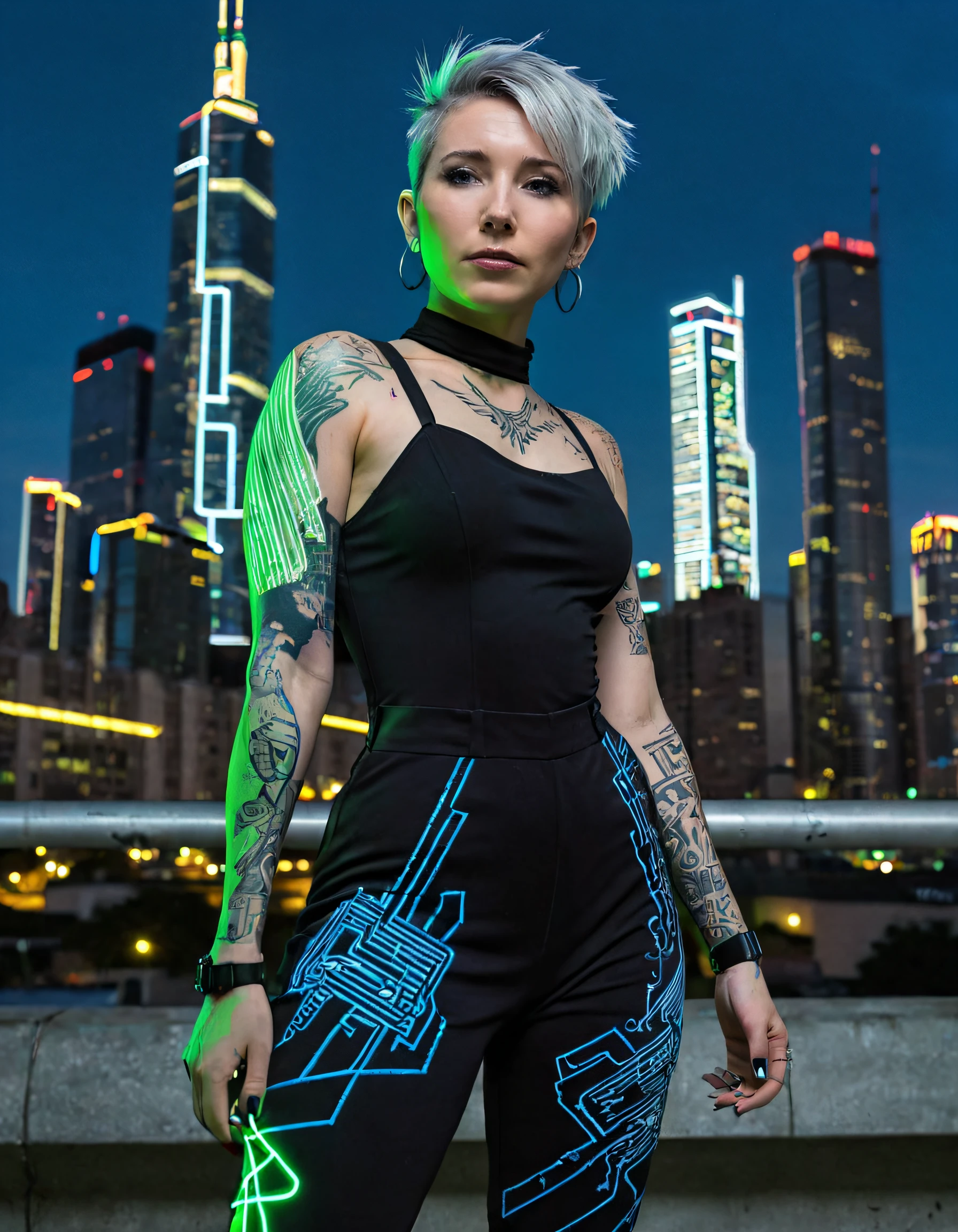 Kate, a futuristic and confident cyberpunk woman with short spiky silver hair and neon green tattoos, stands in front of the sprawling cityscape at dusk, wearing a fitted black jumpsuit adorned with glowing blue circuitry patterns that seem to pulse in rhythm with the city's hum, posing with one leg slightly bent and her arm extended towards the towering skyscrapers as if she claims dominion over this urban jungle; captured from a low-angle shot looking up at her from the ground, the camera perfectly positions to emphasize the dramatic curve of her figure and the eerie glow of the city lights that cast an otherworldly ambiance on her striking features. <lora:zvlxkq18f5fce48a2ja9:1>