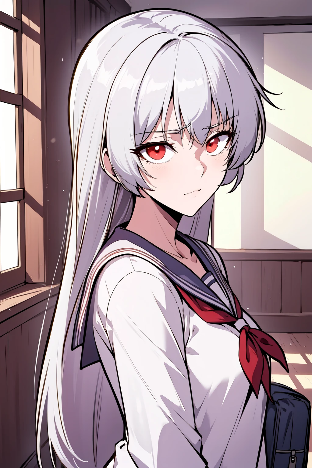 masterpiece, high quality, <lora:Alice_Human:1> 1girl, solo, THG-Alice, long hair, white hair, red eyes, portrait, school uniform, white serafuku, white sailor collar, school bag, upper body