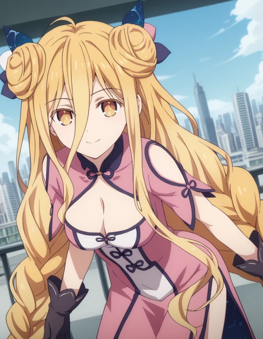 score_9, score_8_up, score_7_up, source_anime,
mukurohoshimiya, <lora:mukuro-hoshimiya-s4s5-ponyxl-lora-nochekaiser:1>,
mukuro hoshimiya, long hair, blonde hair, hair between eyes, very long hair, yellow eyes, hair bun, double bun, braid, hair braid,
gloves, dress, cleavage, black gloves, clothing cutout, chinese clothes, cleavage cutout, pink dress,
outdoors, cityscape, smile, bent over,
indoors, bent over, smile,
looking at viewer, solo, cowboy shot, dutch angle,