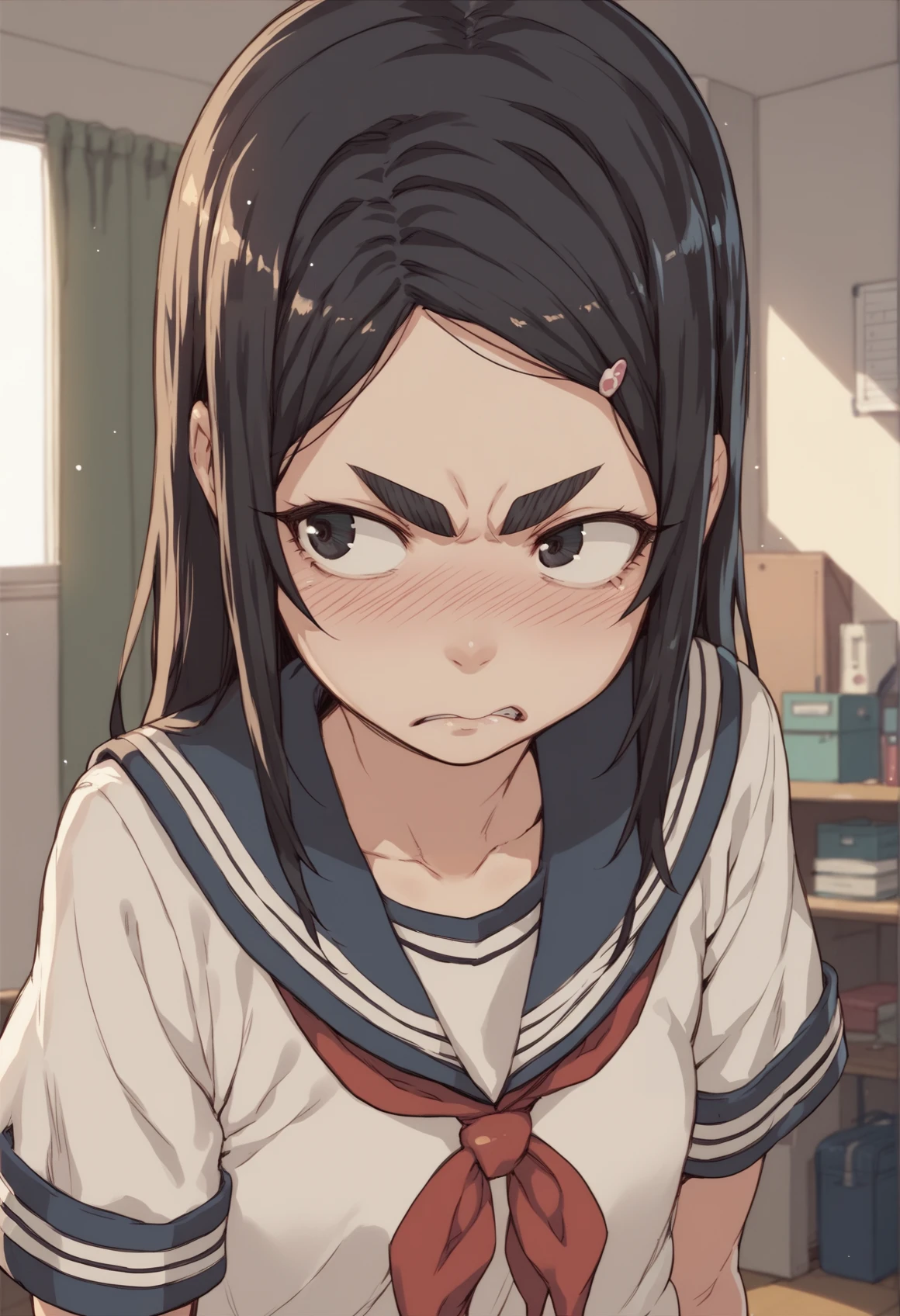1girl, solo, very long hair, thick eyebrows, black hair, black eyes, hairclip, school uniform, tsundere, blushing, looking to the side, indoors, bedroom <lora:Puela:1>, score_9, score_8_up, score_7_up, score_6_up, score_5_up, score_4_up, BREAK source_anime, masterpiece