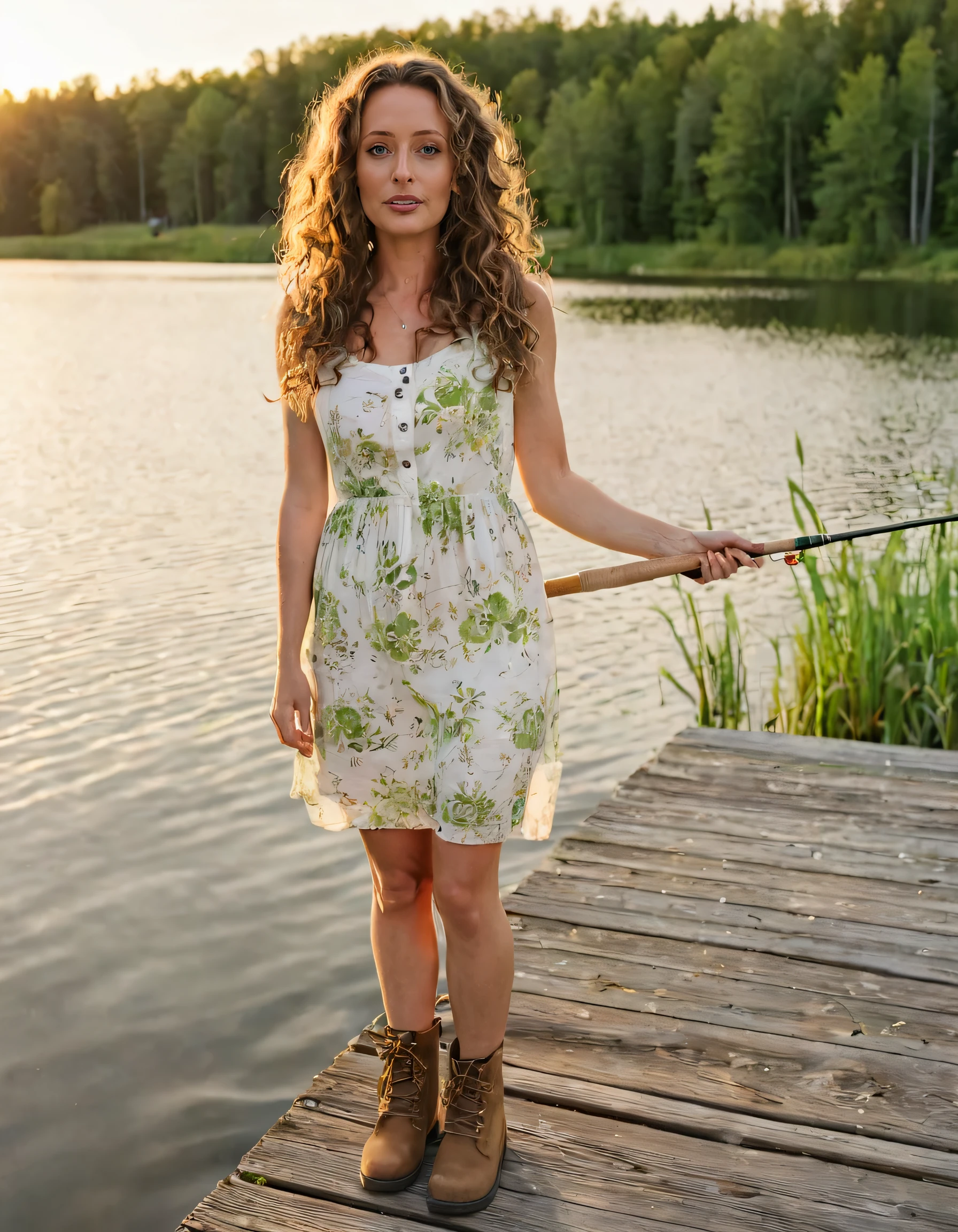 Renee Amberg, a woman with long, curly brown hair and bright green eyes, stood on a worn wooden dock by a lake at sunset, her face lit by the serene golden glow of the setting sun, using a vintage-style fishing rod made from weathered wood while wearing a flowing white sundress embellished with tiny floral patterns and scuffed up brown ankle boots that echoed her passion for outdoor adventures. <lora:pyujyy18f5ffae304q135:1>
