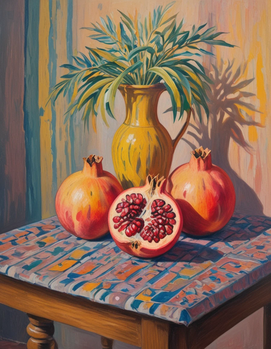 Pomegranates, classic  oil painting art, (art by Sattar Bahlulzade:1.2), <lora:Sattar_Bahlulzade:0.9>, Lightcore aesthetic, vibrant colors, stunning background. dark and moody, a mesmerizing blend of light and shadow. masterpiece, absurdres, intricate details