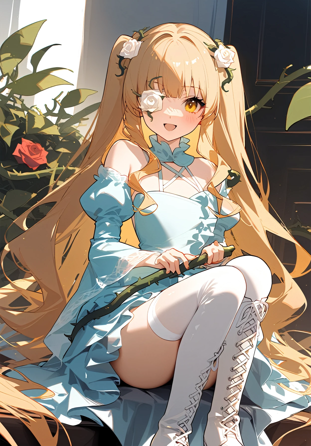 1girl,
kirakishou,
dress, rose, yellow eyes, blonde hair, eyepatch, very long hair, knee boots, thorns, smile, open mouth, blush, vines, flower, wavy hair, bare shoulders, flower over eye, thigh boots, looking at viewer, :d, holding, detached sleeves, boots, white footwear, thighhighs, sitting, long hair, cross-laced footwear, plant, hair ornament, lace-up boots, white thighhighs, solo,
masterpiece, newest, absurdres, safe
<lora:a31_style_koni:1> <lora:2080ti_ag31_kirakishou-000055:1>