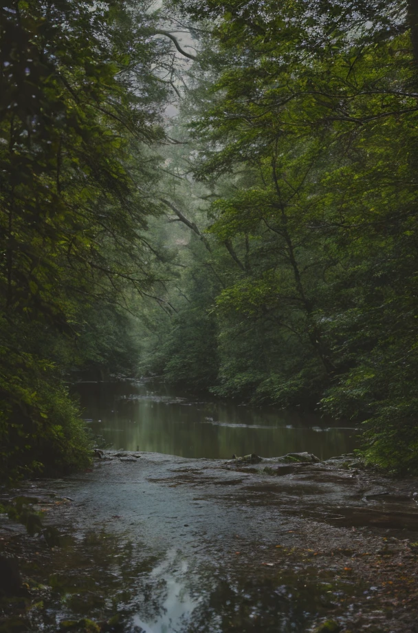 RAW photo, subject, 8k uhd, dslr, soft lighting, high quality, film grain, Fujifilm XT3, professional photo, (detailed skin:1.3), high quality, pastel colors,  pastel teal, orchid, hard shadows,  <lora:Raincore:0.67> , raincore, rain, reflection, full moon, forest, no humans,