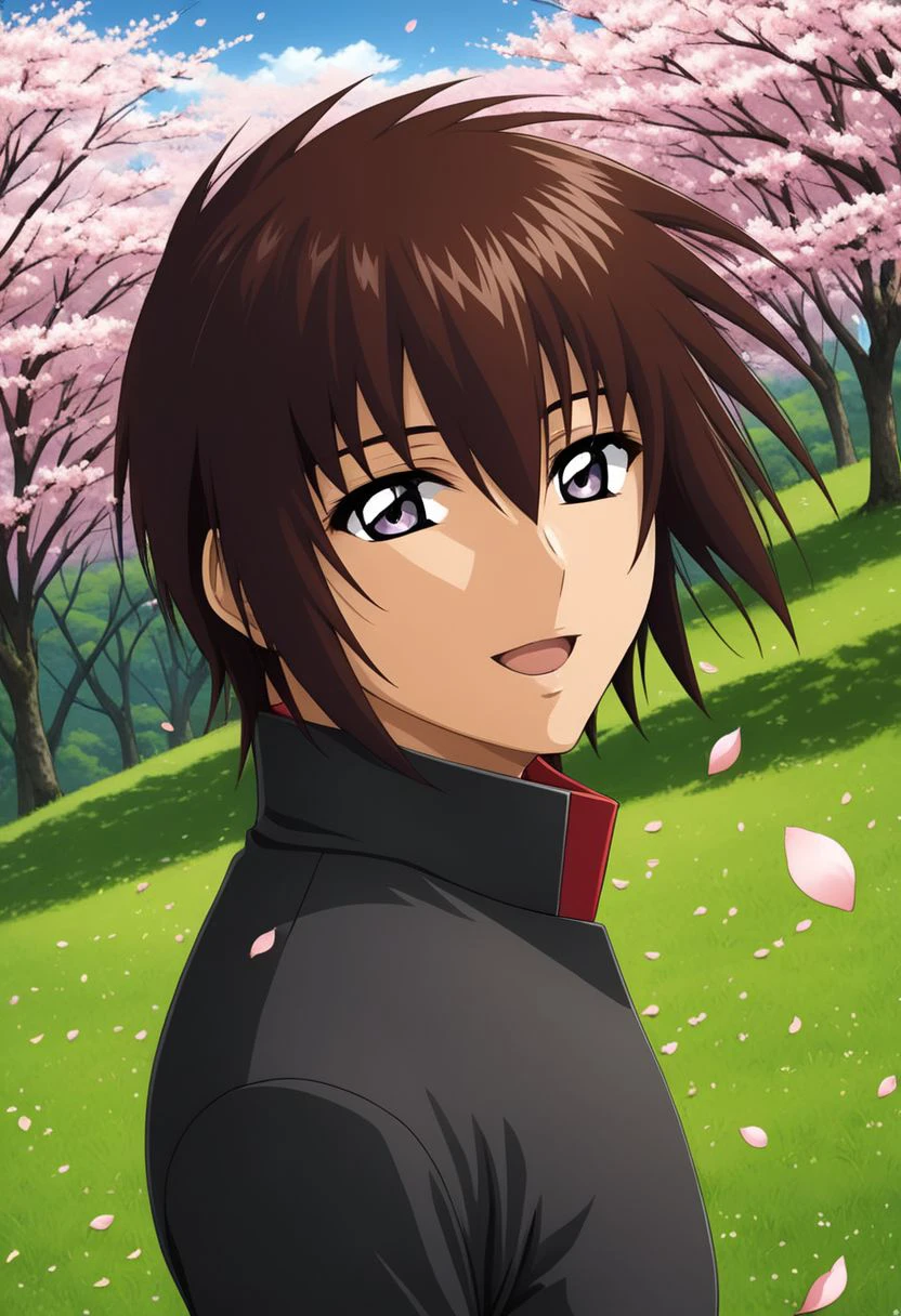 ASCIIkira_yamato, hair parting left, black jacket with red lining, 1man, mature adult male focus, solo, slim, thin waist, warm beige skin, brown hair, open mouth,
detailed symmetric glossy eyes, expressive eyes, large purple eyes, looking at the viewer,
on a hill overlooking a forest with Sakura trees, Sakura petals flying in the air, arm up,
masterpiece, best quality, ultra high res, intricate detail, clamshell warm lighting