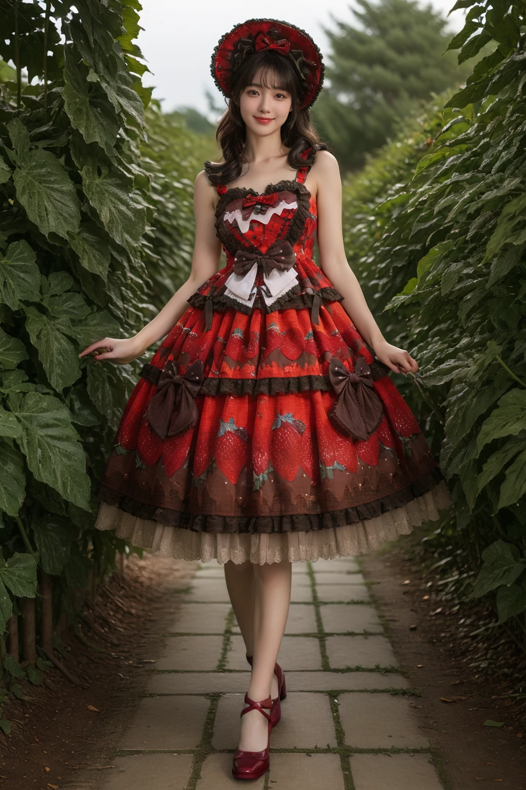 best quality, masterpiece, realistic, photorealistic, 1girl, solo, looking at viewer, smile, long hair, black hair, straight hair, standing, full body, cyb dress, layered dress, print dress, frilled dress, strawberry print, dress bow, bow, red high heels, hair bow, hat, garden, flower, tree, water, detailed background, <lora:lo_dress_vol3_style3_v1:0.75>, <lora:Background_Detail_v3:1.5>