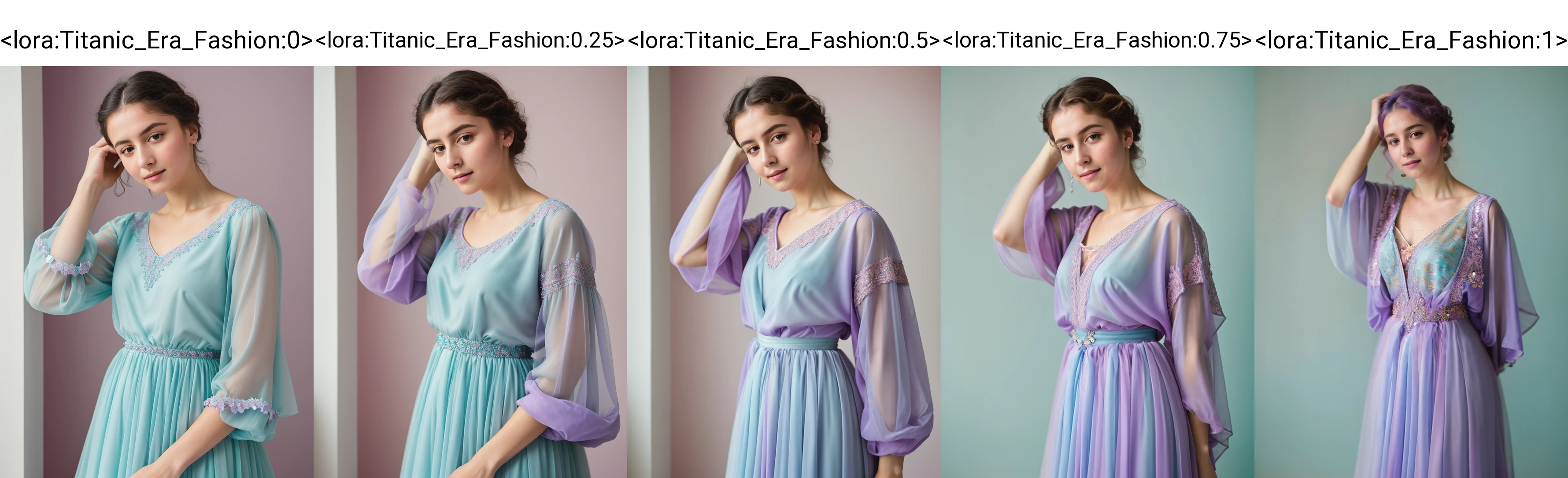 limited palette, pastel colors, purple, aqua, light turquise, light violet, RAW photo, subject, 8k uhd, dslr, portrait, high quality, film grain, Fujifilm XT3, professional photo, (detailed skin:1.3), high quality, <lora:Titanic_Era_Fashion:0> , titanic era fashion, dress, see-through, transparent sleeves,