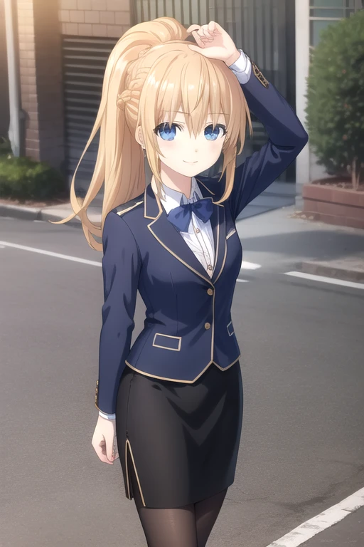 ((masterpiece)),(best quality),official art,extremely delicate and beautiful,extremely detailed CG,unity 8k wallpaper,ultra detailed,beautiful detailed eyes,extremely detailed face,outdoors,1girl,solo,cowboy shot,looking at viewer,facing viewer,smile,Artemesia Bell Ashcroft,long hair,blonde hair,high ponytail,braid,sidelocks,hair between eyes,bangs,blue eyes,school uniform,black jacket,white shirt,collared shirt,medium breasts,long sleeves,pencil skirt,black pantyhose,high heels,black footwear,<lora:Artemesia Bell Ashcroft(dal)>,<lora:TSNeptunia-000045:0.5>,