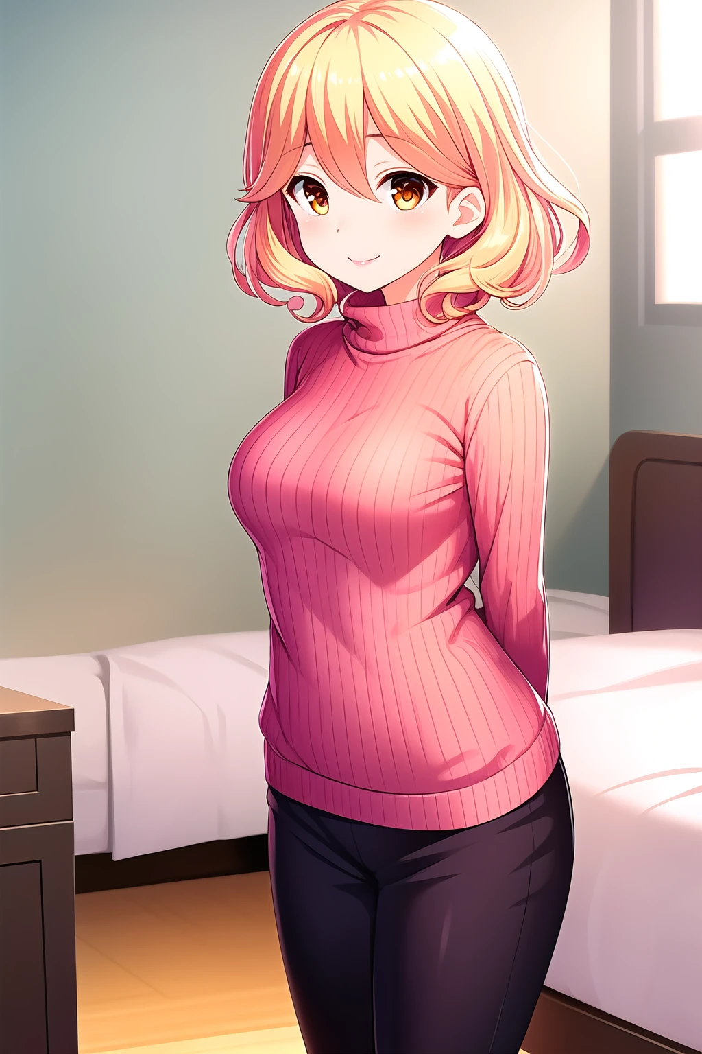 (masterpiece, best quality), highly detailed background, perfect lightingbest quality, ukihashiasuka, solo, indoors, bedroom, blonde hair, hair between eyes, medium hair, orange eyes, medium breasts, orange sweater, turtleneck sweater, ribbed sweater, smile, closed mouth, :), pink lips, <lora:Ukihashi-Asuka:0.7>