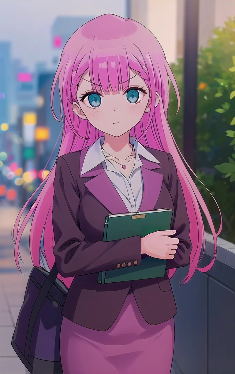 Teacher_WeNeverLearn_MafuyuKirisu_ownwaifu,
1girl, pink hair, blue eyes, long hair, bangs, collarbone, 
white shirt, collared shirt, necklace, formal, suit, long sleeves, pencil skirt, teacher, blazer, 
<lora:ANIME_WeNeverLearn_MafuyuKirisu_ownwaifu:0.7> ,
((masterpiece)),((best quality)),(highres), bokeh, depth_of_field, scenery, spotlight, focused, looking at viewer, solo,