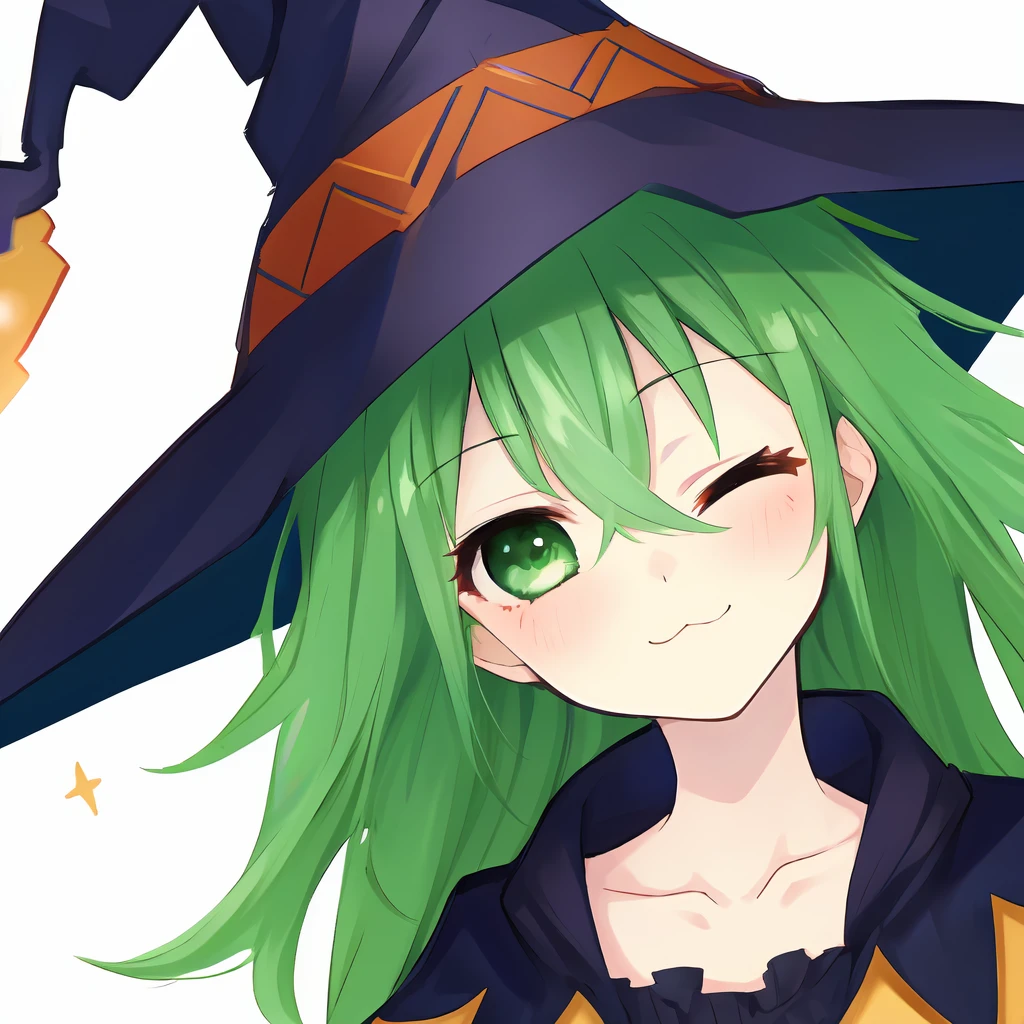1girl,
natsumi \(date a live\),
solo, witch, w over eye, hair between eyes, collarbone, upper body, cape, black hat, curly hair, star \(symbol\), one eye closed, green hair, black cape, long hair, closed mouth, star print, eyes visible through hair, simple background, blush, smile, close-up, witch hat, looking at viewer, white background, fingernails, green eyes, ;3, dot nose, sparkle, w, head tilt
<lora:mki-natsumi-1.5-v3:1>