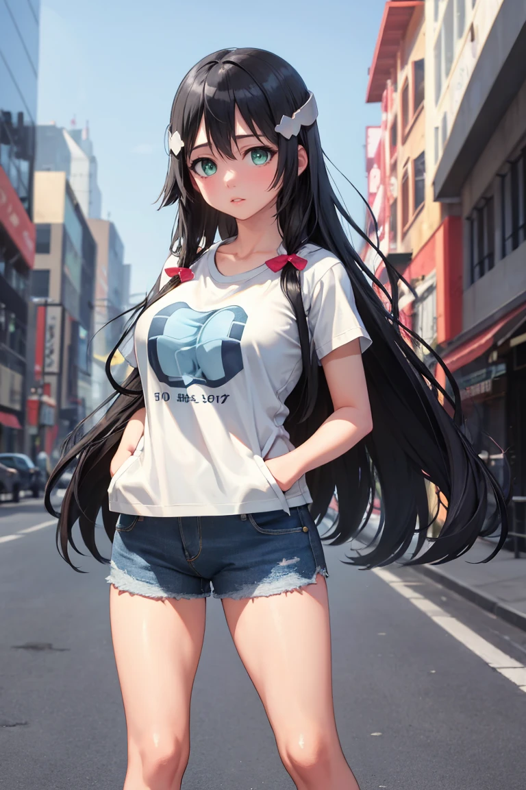 masterpiece, best quality, absurdres, 1girl, solo, MimoriTougouHeroSuit, long hair, headpiece, t-shirt, denim shorts, standing, outdoors, city, hands in pockets, <lora:MimoriTougouHeroSuit:1>