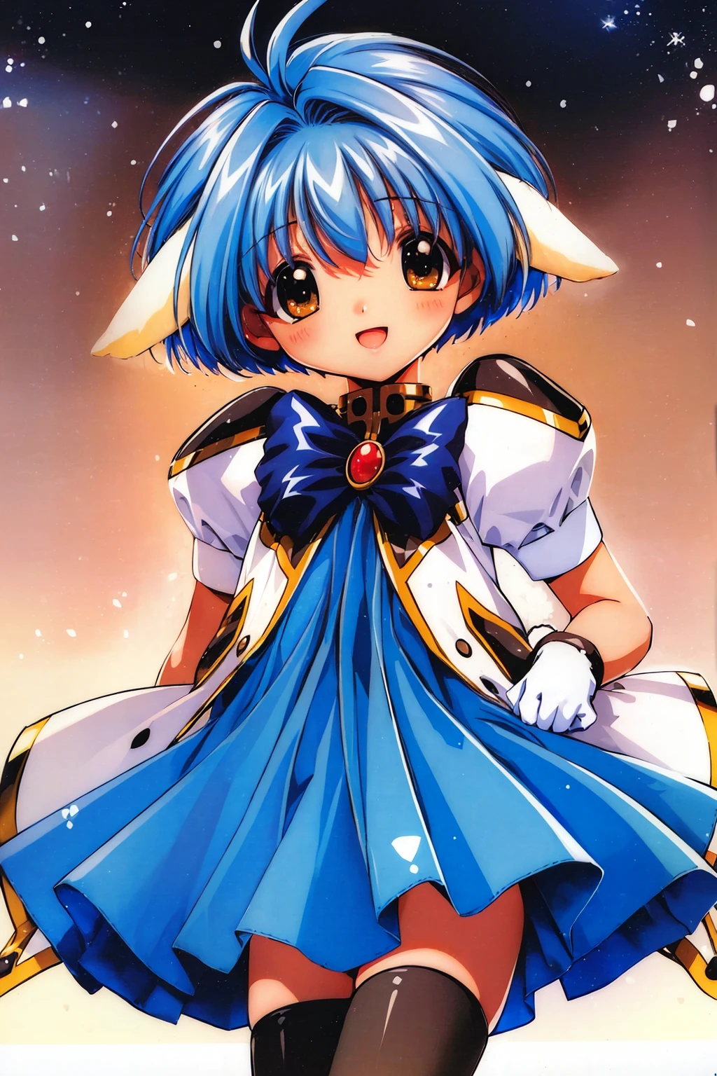 (masterpiece, best quality:1.2), ga_mint, 1girl, solo, (rabbit ears:1.2), military uniform, blue skirt, puffy short sleeves, black thighhighs, white gloves, blue hair, short hair, brown eyes, smile open mouth, looking at viewer, <lora:ga_mint:1>