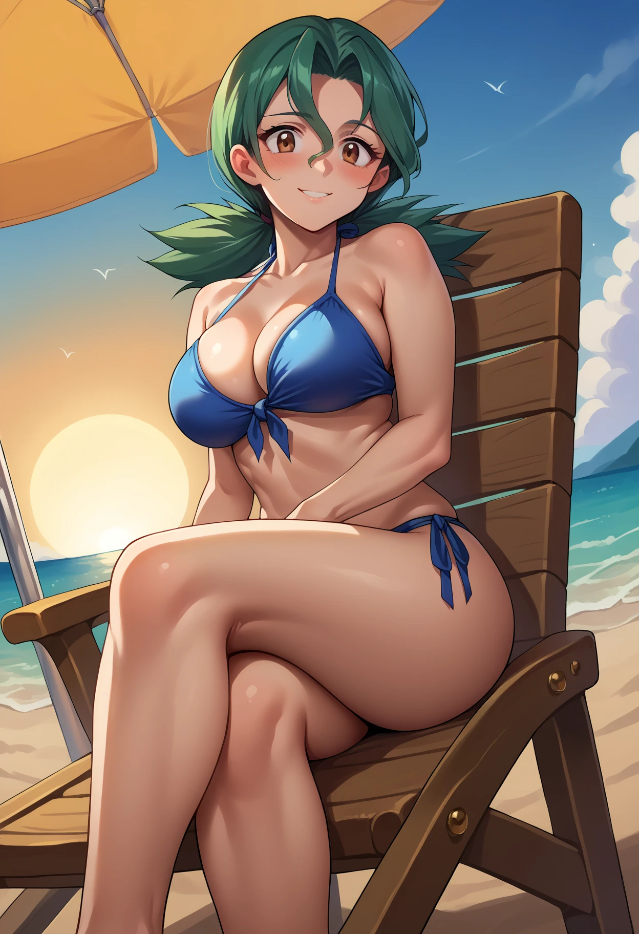 score_9, score_8_up, score_7_up, source_anime, 1girl, solo, <lora:EPpkJennyPony_epoch_13:1>, EPpkJenny, twintails, green hair, long hair, hair between eyes, brown eyes, mature female, bikini , side-tie bikini bottom, front-tie top, collarbone, strapless, blue bikini,sitting on sunchair,from below,crossed legs,shy, smile, blush, beach, ocean, sunset, reflection,