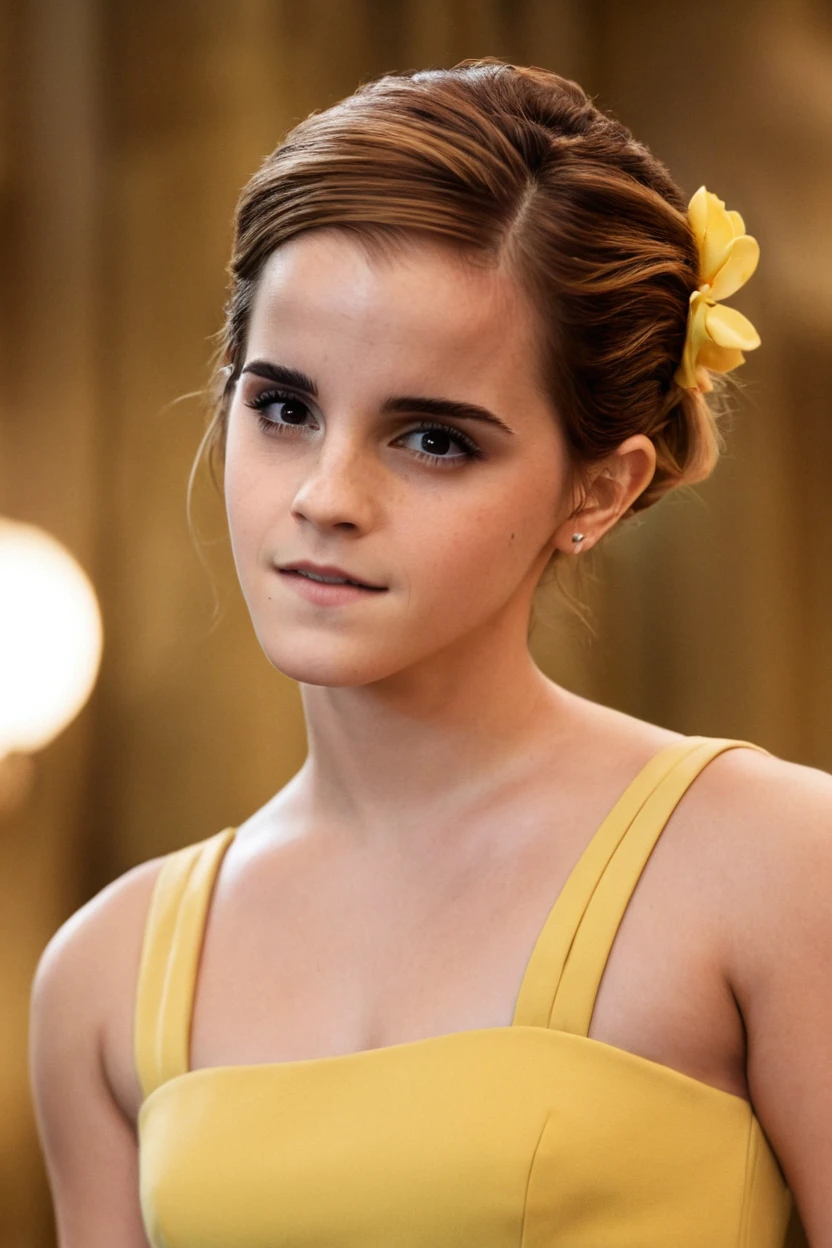 belle (emma watson) in a yellow dress <lora:emmaWatson:1> . 35mm photograph, film, bokeh, professional, shot by omar victor diop, 4k, highly detailed