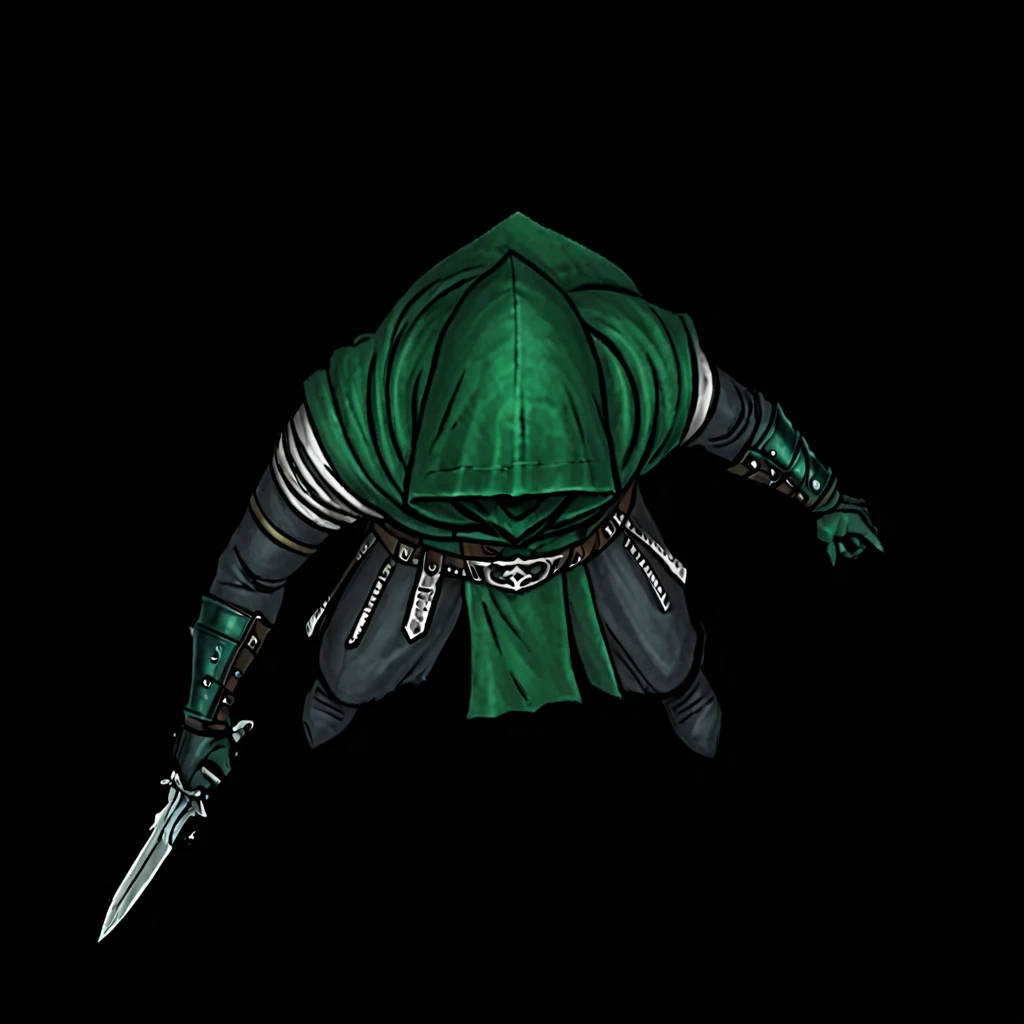 cultist, hold ritual dagger, dark green hood, magic spellcaster, humanoid <lora:SDXL_DnD_Topdown_tokens:1>