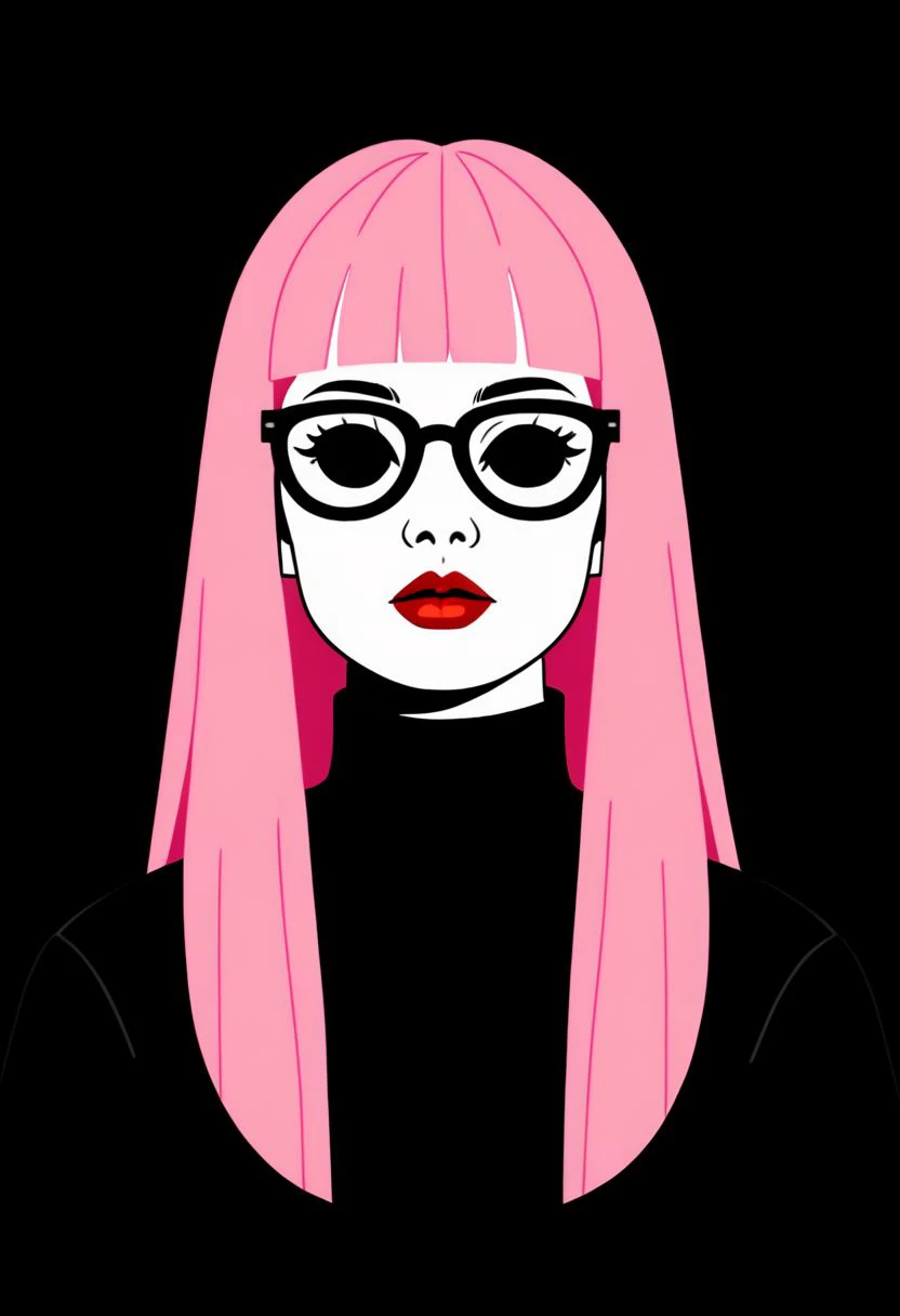 mpzthzz, 1girl, solo, black background, pink hair, sunglasses, limited palette, memphis style, simple background, red lips, leaf, upper body, makeup, lipstick, long hair, flat color, long sleeves, shirt, blunt bangs, memphis corporate design, flat art, flat coloring, simple, vector art, corporate art, cel shading, cel shaded, PonyXLV6_Scores