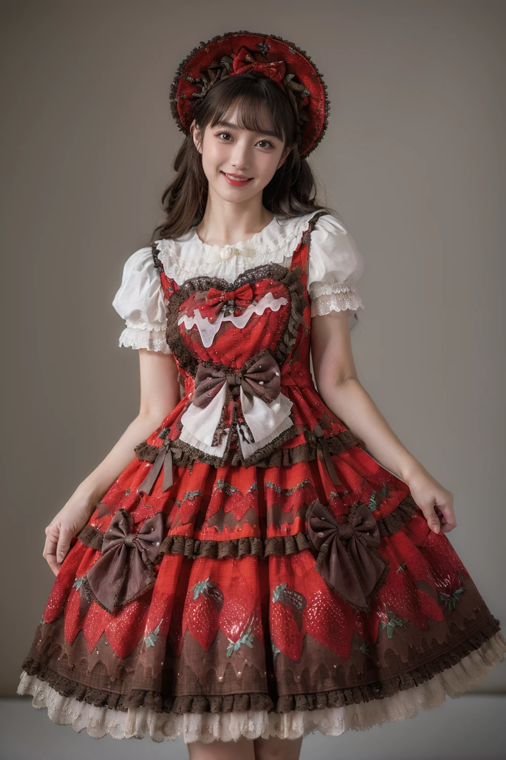 best quality, masterpiece, realistic, photorealistic, 1girl, solo, looking at viewer, smile, long hair, black hair, straight hair, standing, cowboy shot, cyb dress, layered dress, print dress, frilled dress, strawberry print, dress bow, bow, white shirt, short sleeves, hair bow, hat, grey simple background, <lora:lo_dress_vol3_style3_v1:0.75>