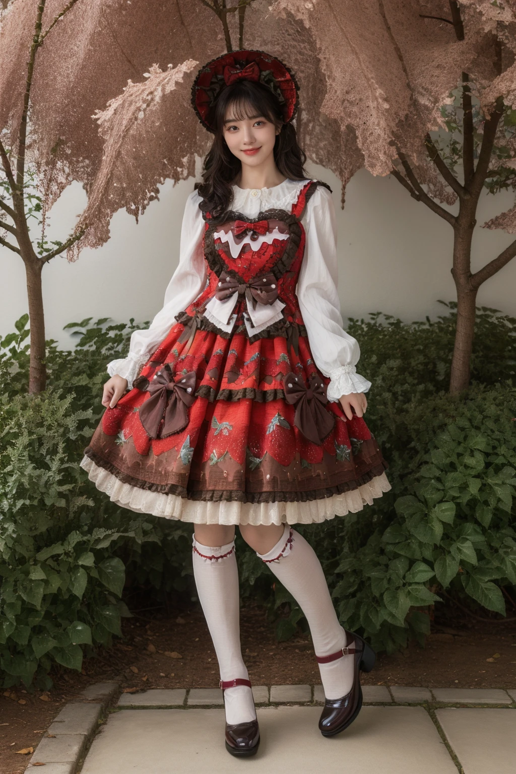 best quality,masterpiece,realistic,photorealistic,1girl,solo,looking at viewer,smile,long hair,black hair,straight hair,standing,full body,cyb dress,layered dress,print dress,frilled dress,strawberry print,dress bow,bow,white shirt,long sleeves,kneehighs,red high heels,hair bow,hat,garden,flower,tree,water,detailed background,<lora:lo_dress_vol3_style3_v1:0.75>,<lora:Background_Detail_v3:1.5>,