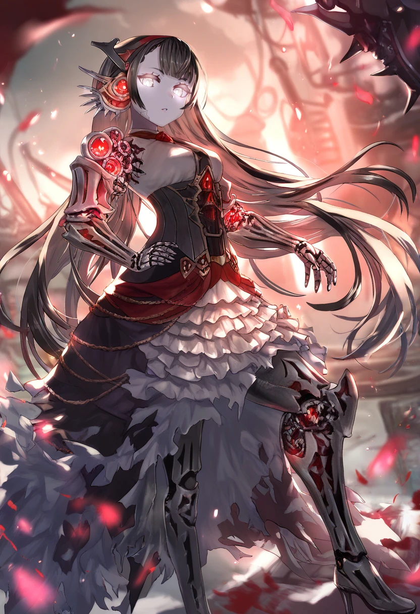 asanagi, (score_9, score_8_up, score_7_up, :1.2)  detailed, highres, absurdres, a girl standing outdoors in a pose,  she has glowing red pupils in her eyes, 1girl,   solo, standing, looking at viewer, pose, hand on hip, contrapposto ,
long hair, gears, android, bangs, high heels, (mechanical legs, joints, robot joints), black hair, very long hair, dress, mechanical arms, frills, grey eyes, [red eyes], breasts, skirt, medium breasts, mechanical parts, corset,boots, headgear, frilled dress, glowing, black dress, light particles, frilled skirt, armored boots, cable, armor, glowing eyes, black skirt, high heel boots, grey eyes with ((glowing red pupils)), red pupils, shirt, mecha musume,robot, cyborg, white shirt, hairband, humanoid robot, 
hands, rating_safe   <lora:sdxl_asanagi_v1:0.5>      <lora:MonoPonyTest:1>