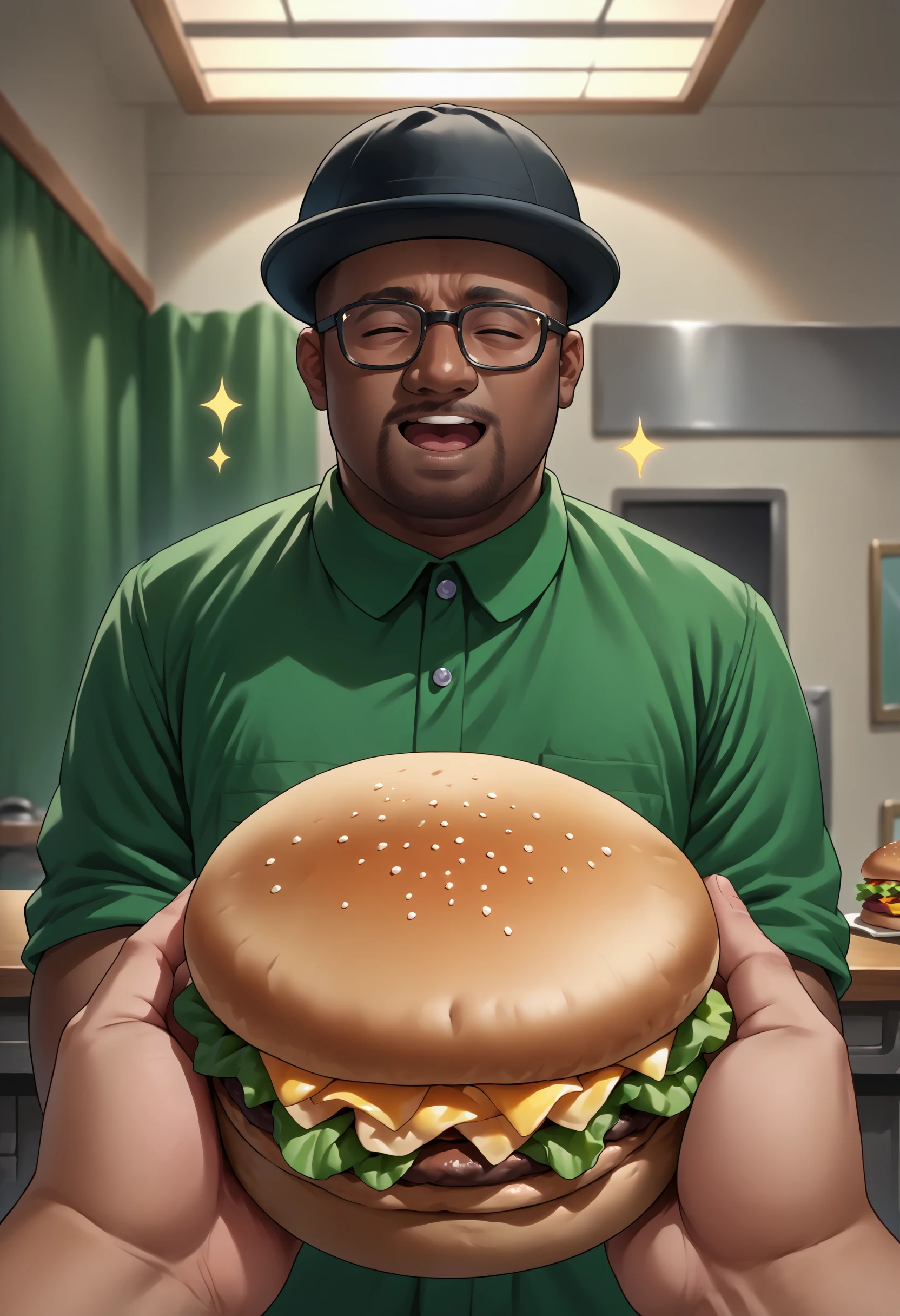 score_9, score_8_up, score_7_up, source_anime, 1boy, <lora:POVGifting_XLPD:1>, PovGifting, pov hands, holding burger, upper body, indoors, <lora:BigSmoke_XLPD:0.8> BigSmoke, black eyes, dark-skinned male, facial hair, glasses, black headwear, green shirt, happy, eyes closed, open mouth, sparkles,