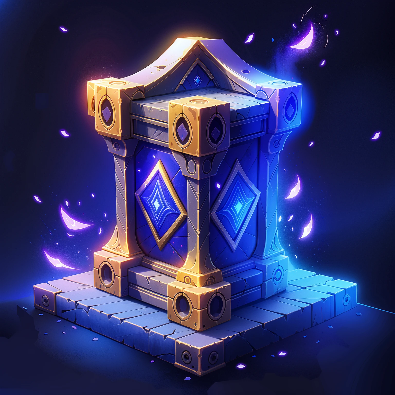 HEZI, game equipment items, ICONS, no humans, glowing, still life, solo, crystal, blue background, simple background, throne, gem, black background, duel monster, light particles, petals, looking at viewer, fire, artist name, gold, sitting<lora:游æè£
å¤éå
·2-000007:0.7>,