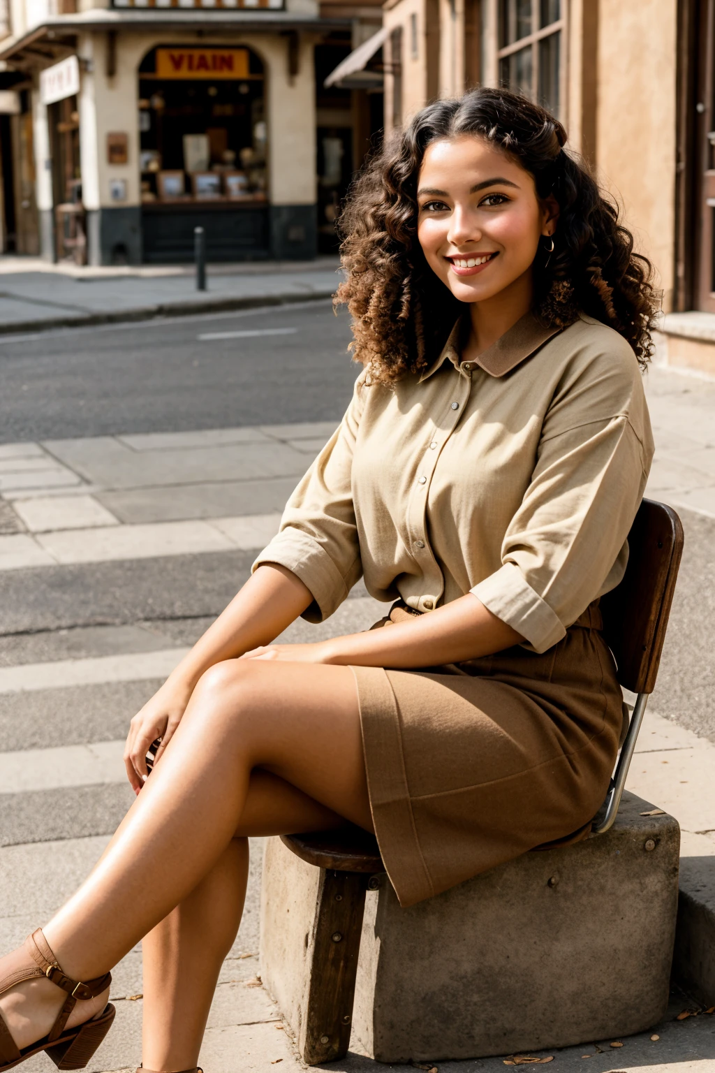 vintage style photo of Photorealistic highly detailed 8k photography, (Casual earthy woman seated:1.2), Symmetrical composition, Relaxed pose, A proud and confident smile expression, Crossed legs, (Authentic street fashion:1.3), Natural look, Voluminous hair, Earthy tones, Soft sunlight. Retro, nostalgic, old-fashioned, timeless