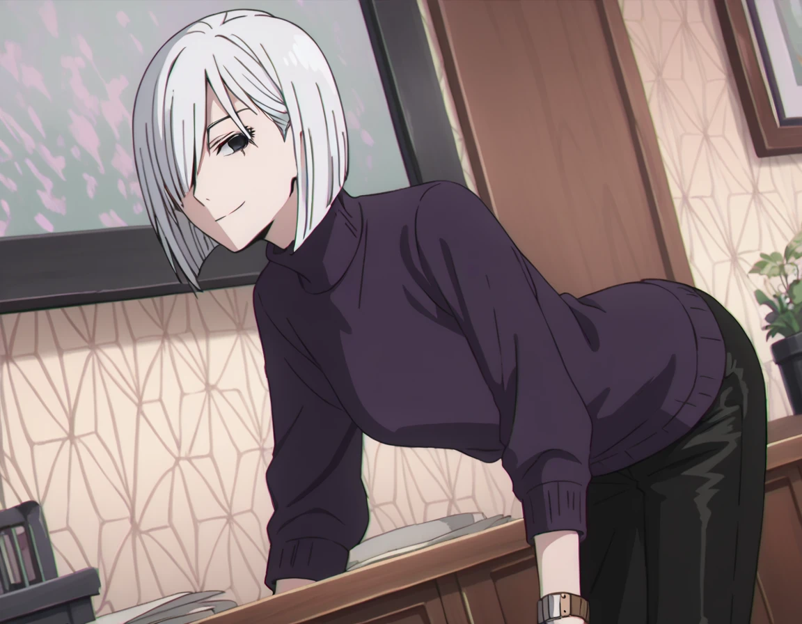 score_9, score_8_up, score_7_up, source_anime,
fionafrost, <lora:fiona-frost-s1-ponyxl-lora-nochekaiser:1>,
fiona frost, white hair, short hair, hair over one eye, grey eyes,
long sleeves, pants, sweater, turtleneck, black pants, watch, turtleneck sweater, wristwatch, purple sweater,
indoors, smile, bent over,
looking at viewer, solo, cowboy shot, dutch angle,