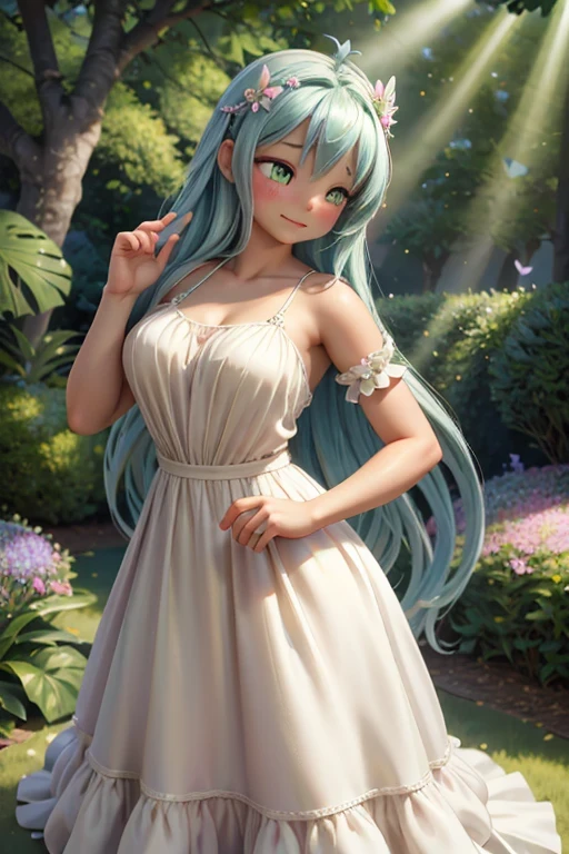 (best quality,4k,8k,highres,masterpiece:1.2),ultra-detailed,(realistic,photorealistic,photo-realistic:1.37),a girl in a garden,portraits,pastel colors,soft lighting,vibrant flowers,beautiful detailed eyes,delicate features,golden sunlight,long flowing hair,summer dress,elegant posture,feminine charm,natural surroundings,lush greenery,butterflies dancing in the air,serene atmosphere,peaceful expression,graceful movements,subtle blush on the cheeks,gentle breeze rustling the leaves