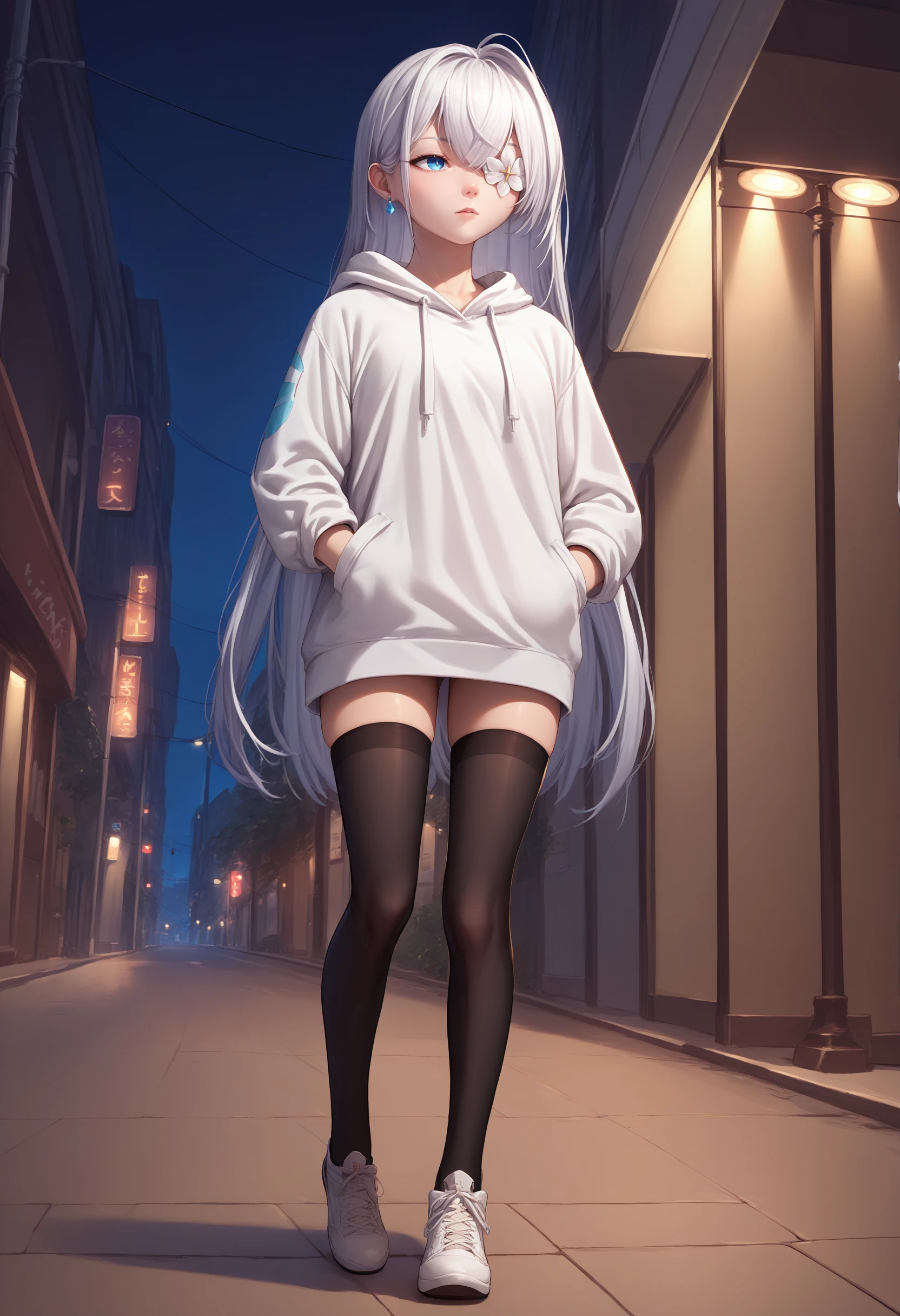 score_9, score_8_up, score_7_up, source_anime, <lora:Emden_XLPD:1>, EmdenDef, blue eye, flower over eye, white hair, bangs, long hair, jewelry, earrings, white hoodie, black thighhighs, hands in pocket, night, street, full body, shoes, 1girl, solo,