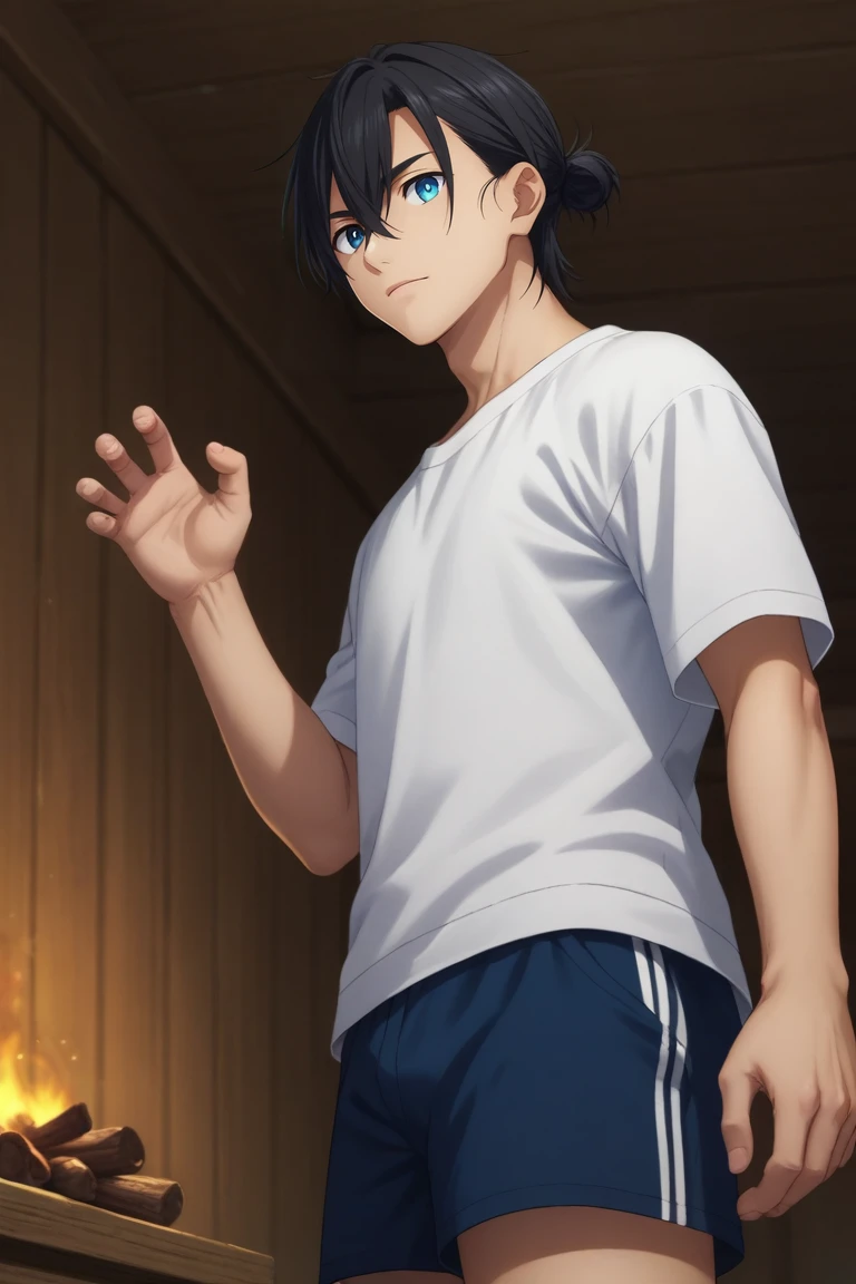 score_9, score_8_up, score_7_up, source_anime, rating_safe, , (realistic:0.6), looking at viewer, depth of field, 1boy, solo, male focus, <lora:shinpei_ajiro_pony:0.9>, shinpei_ajiro, black hair, black eyes, short hair, hair between eyes, bangs, hair bun, heterochromia, blue eyes, from below, cabin, forest, campfire, indoors, dark, claw pose, giggling, gym shorts,, <lora:sdxl_lightning_8step_lora:1>