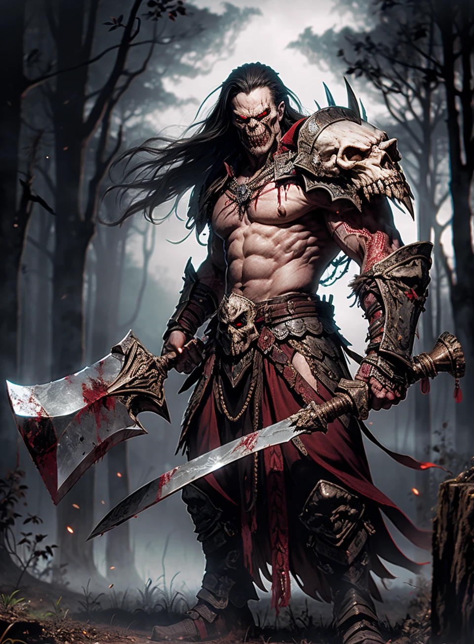 Masterpiece, Best Quality, (photorealistic:1.4),  <lora:BWarrior:0.7> Vampire Warrior holding a Giant axe, Mask,