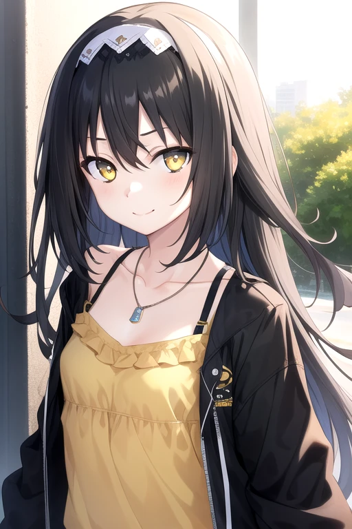 ((masterpiece)),(best quality),official art,extremely delicate and beautiful,extremely detailed CG,unity 8k wallpaper,ultra detailed,beautiful detailed eyes,extremely detailed face,outdoors,1girl,solo,upper body,(portrait:1.5),looking at viewer,facing viewer,smile,(petite:1.2),Arusu Marina,very long hair,black hair,gradient hair,multicolored hair,hair ribbon,hair bow,white hairband,sidelocks,hair between eyes,bangs,yellow eyes,collarbone,jewelry,necklace,black jacket,yellow camisole,frills,medium breasts,short shorts,denim shorts,shorts rolled up,black socks,sneakers,<lora:Arusu Marina(dal):0.6>,