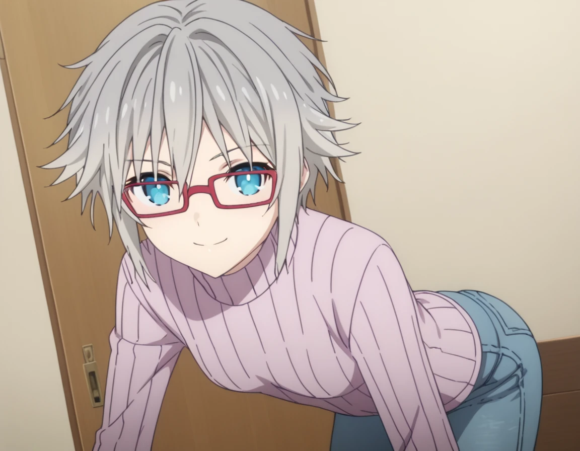 score_9, score_8_up, score_7_up, source_anime,
niahonjou, <lora:nia-honjou-s4s5-ponyxl-lora-nochekaiser:1>,
nia honjou, short hair, blue eyes, grey hair, glasses, red-framed eyewear,
sweater, turtleneck, ribbed sweater, pants, denim,
indoors, bent over, smile,
looking at viewer, solo, cowboy shot, dutch angle,