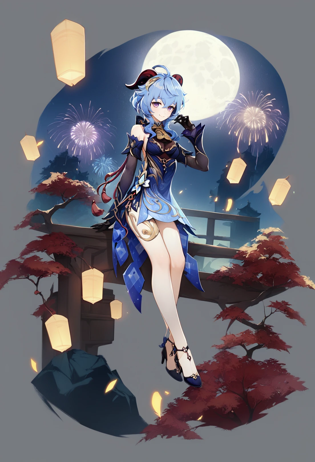grey background, score_9, score_8_up, score_7_up, score_6_up, <lora:GachaMihoyoXL_P6_lokr_V4239:0.95> 1girl, ganyu \(genshin impact\), solo, dress, blue hair, horns, gloves, official alternate costume, bare shoulders, detached sleeves, blue dress, black gloves, purple eyes, ahoge, sitting, looking at viewer, high heels, sleeveless dress, black footwear, black dress, sleeveless, gradient dress, breasts, fireworks, full body, hand up, long hair, bare legs, night, night sky, sky, thighs, smile, vision \(genshin impact\), long sleeves, moon, goat horns, tree, medium breasts, arm support