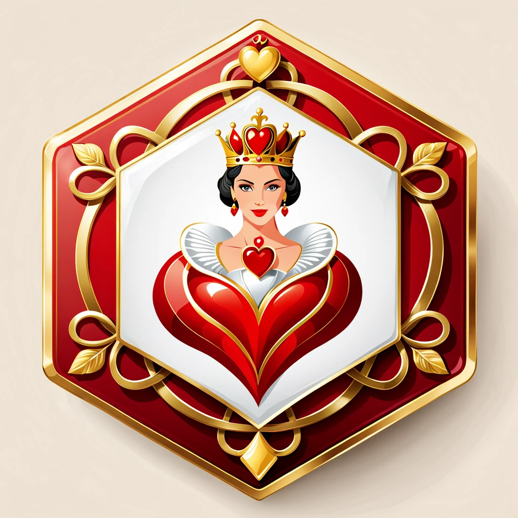 a hexagonal badge of the queen of hearts, vector, <lora:badgemkrsdxl:1>, best quality, red and gold,